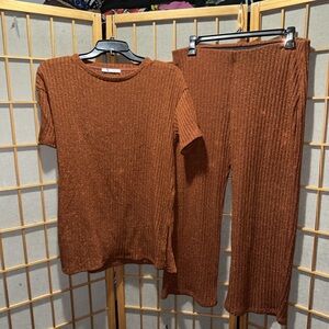 Rust Ribbed Glitter Knit Top and Pants Set